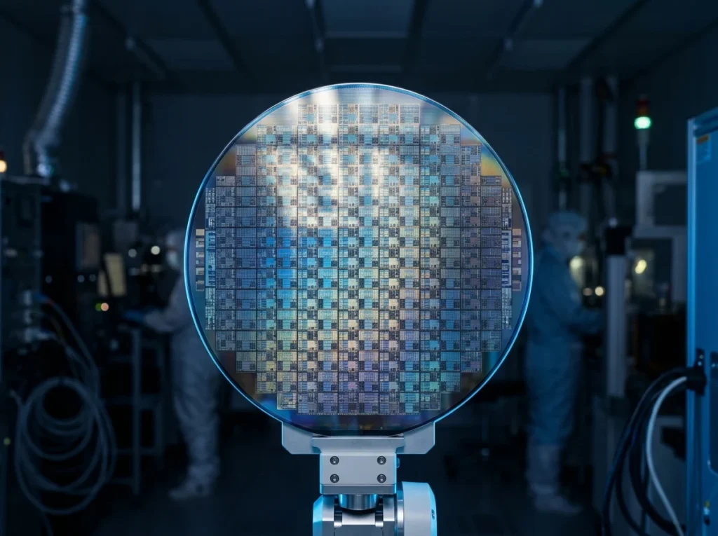 Wafer de silicium en salle blanche de fabrication de puces électroniques