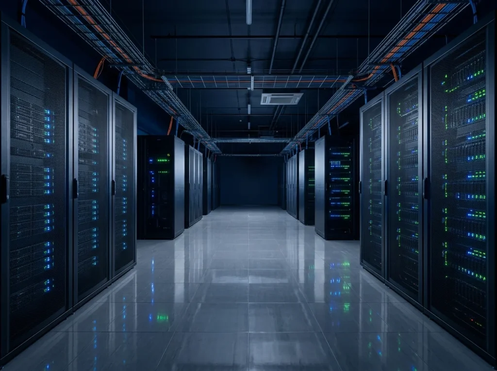 Rangées de serveurs informatiques dans un datacenter illuminé de bleu