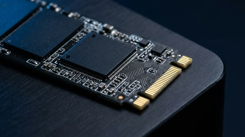 Gros plan sur un module SSD M.2 NVMe haute performance posé sur une surface sombre