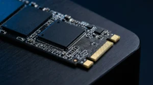 Gros plan sur un module SSD M.2 NVMe haute performance posé sur une surface sombre