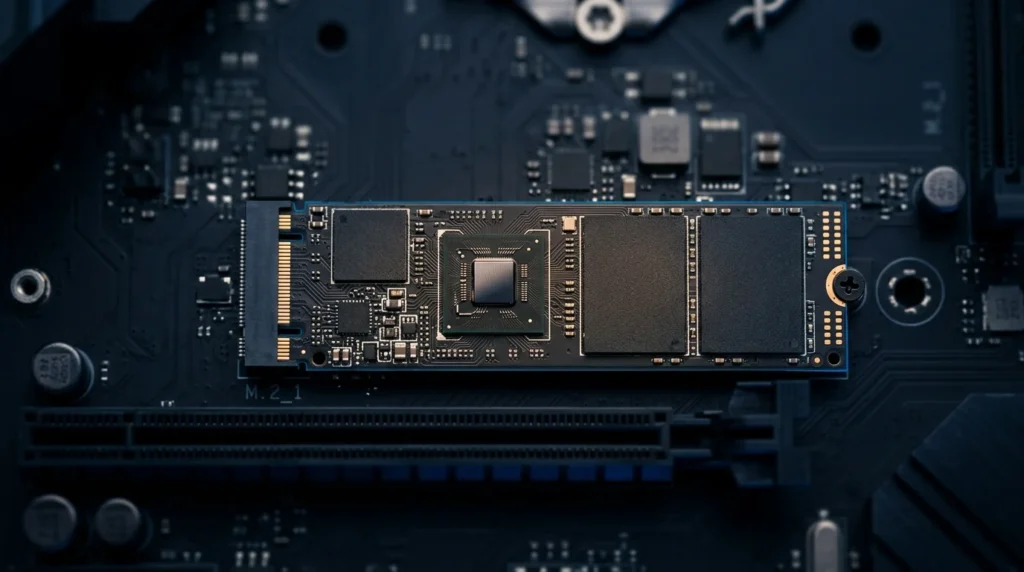 SSD M.2 installé sur le port PCIe d'une carte mère de PC gamer